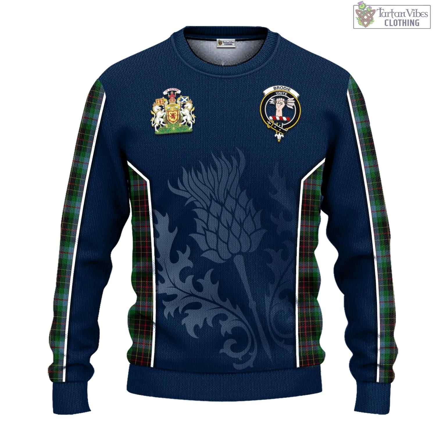 Brodie Hunting Tartan Knitted Sweatshirt with Family Crest and Scottish Thistle Vibes Sport Style