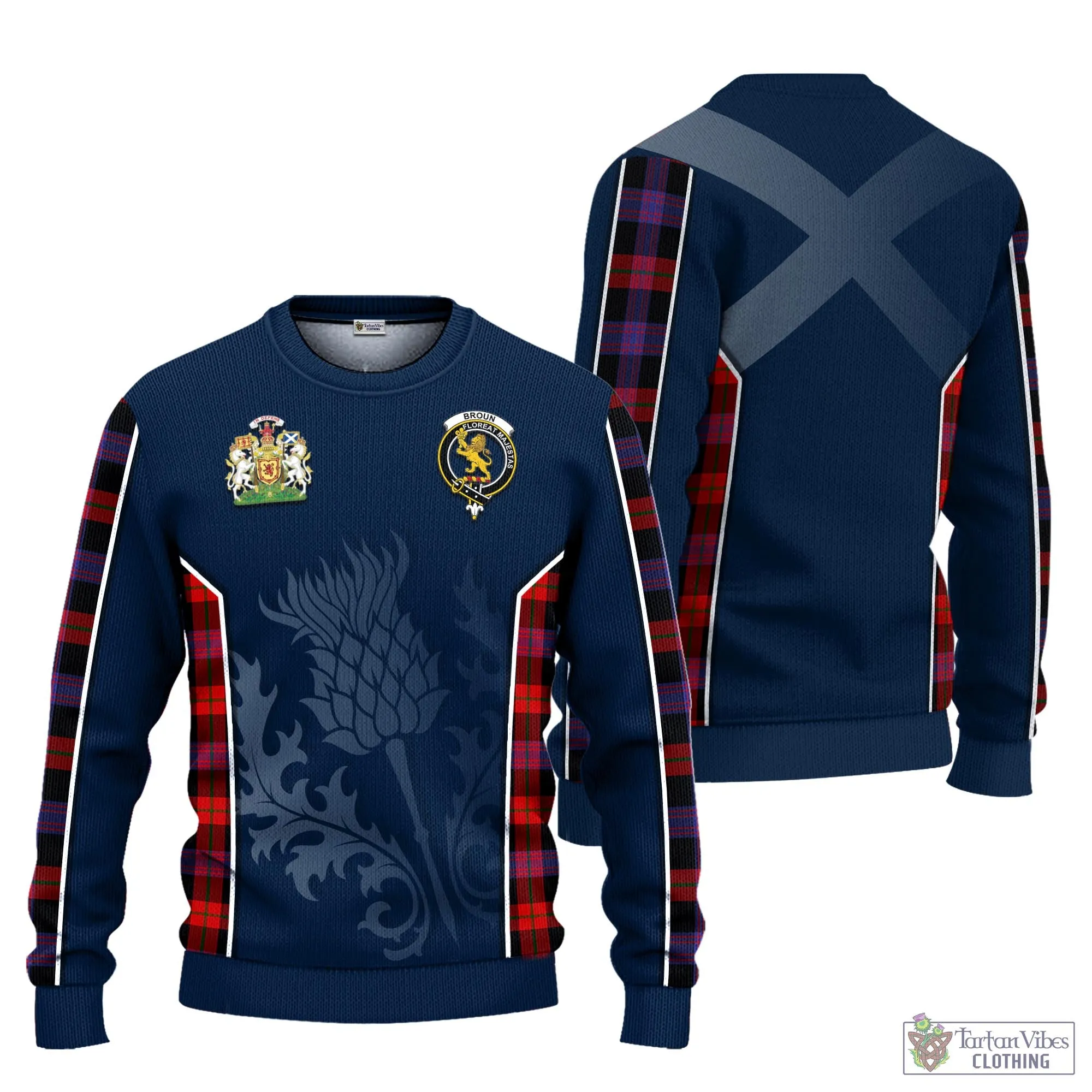 Broun Modern Tartan Knitted Sweatshirt with Family Crest and Scottish Thistle Vibes Sport Style