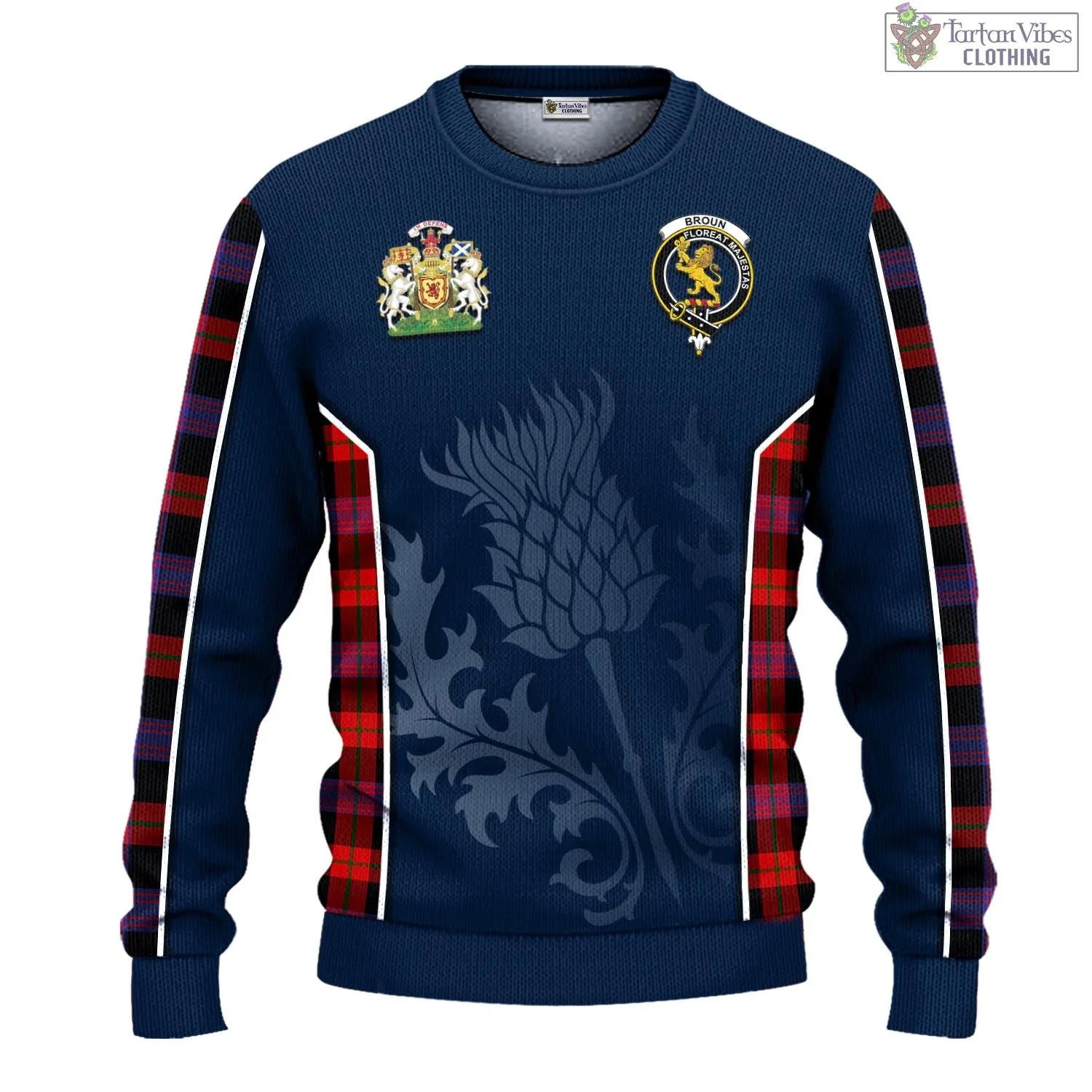 Broun Modern Tartan Knitted Sweatshirt with Family Crest and Scottish Thistle Vibes Sport Style