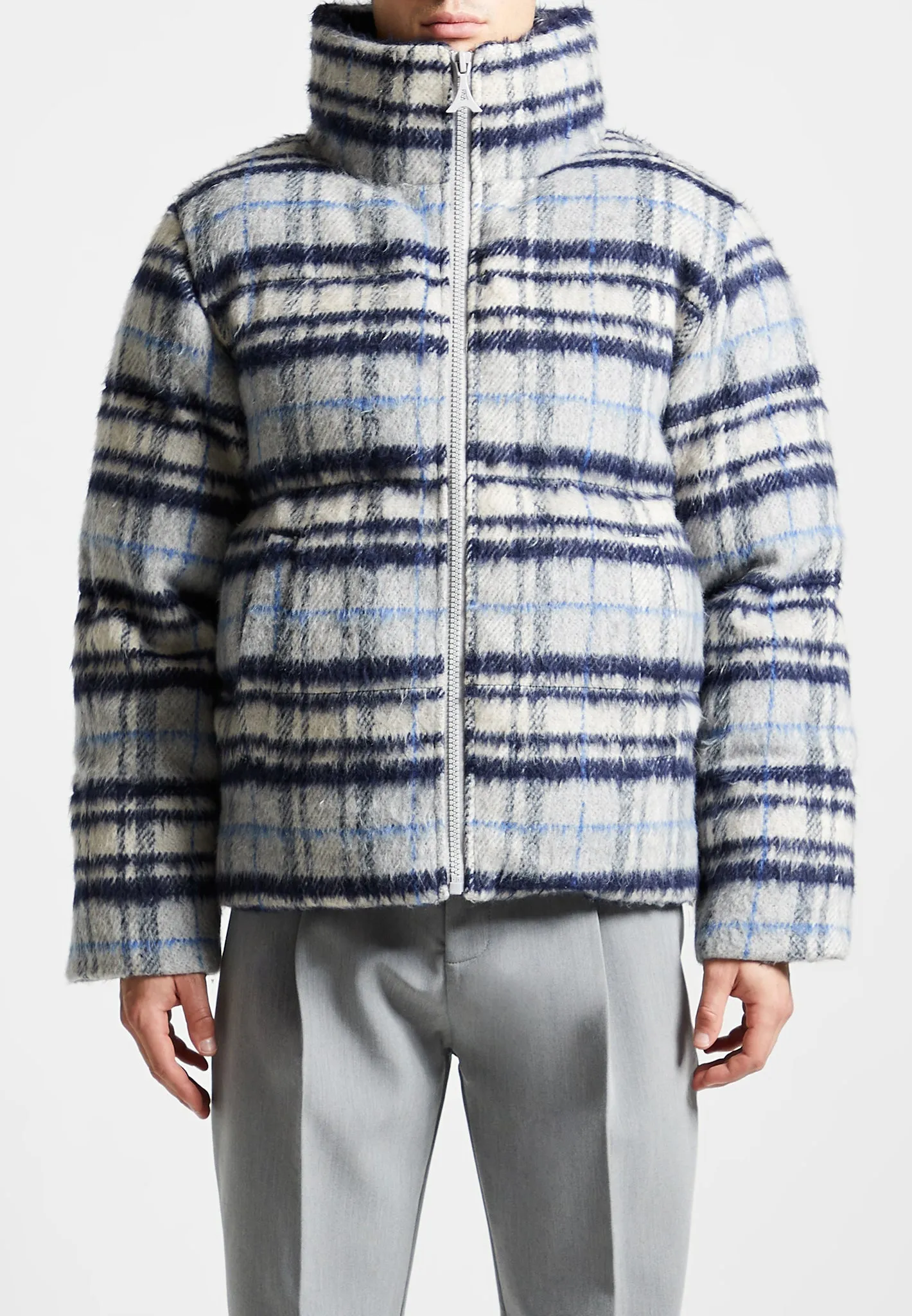 Brushed Check Puffer Jacket - Blue