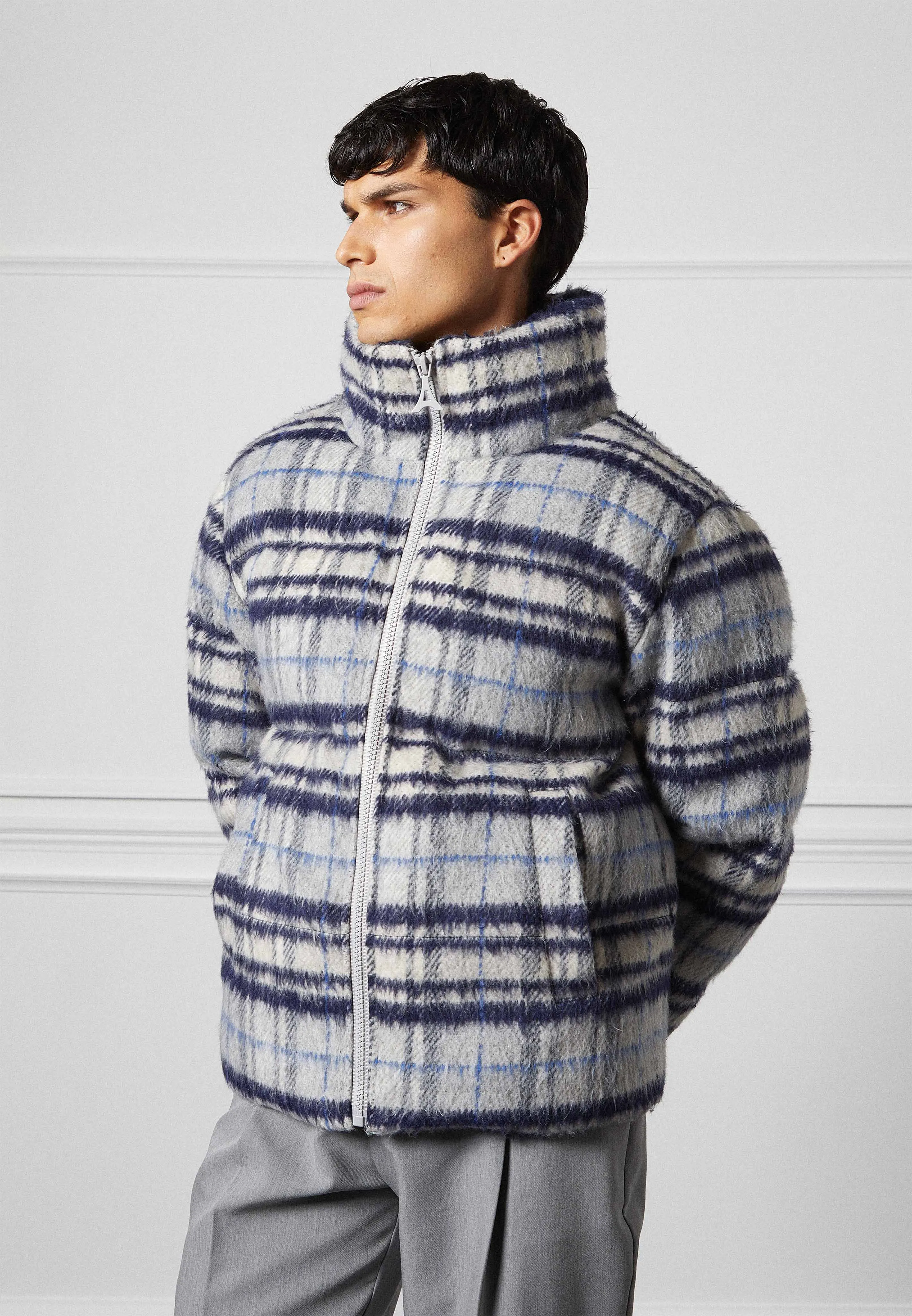 Brushed Check Puffer Jacket - Blue