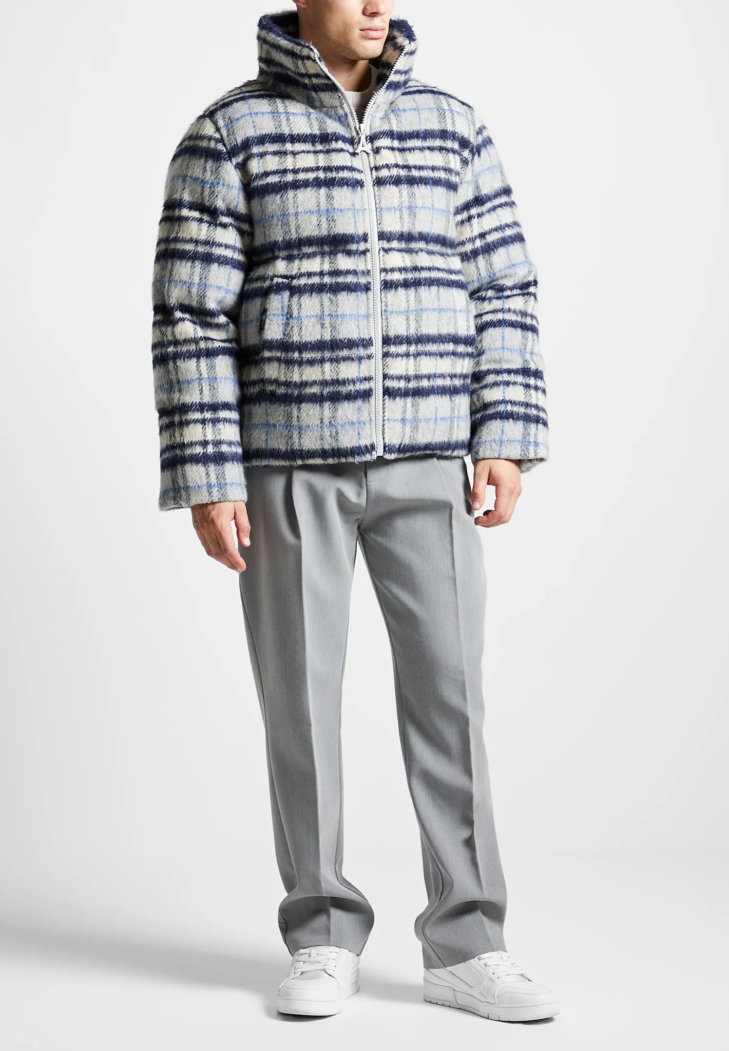 Brushed Check Puffer Jacket - Blue