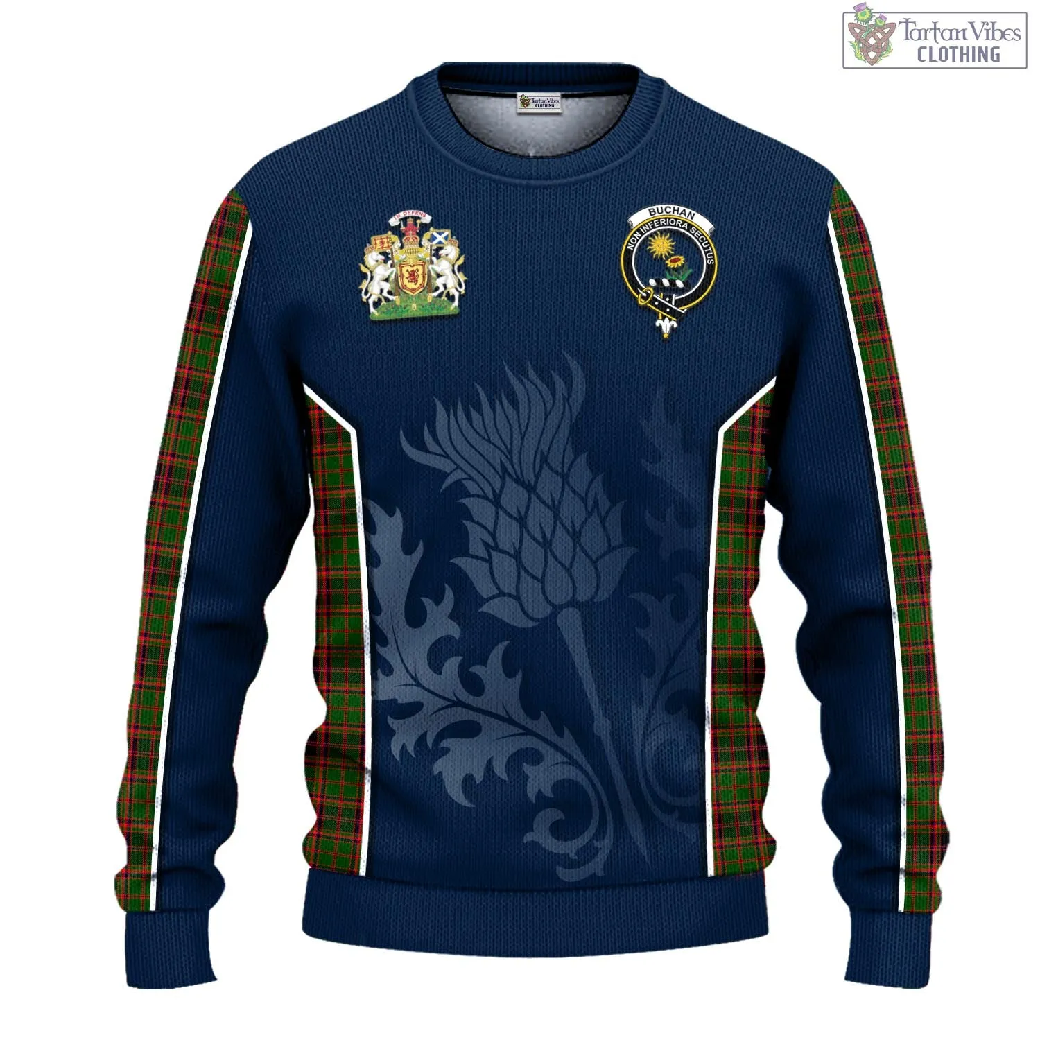 Buchan Tartan Knitted Sweatshirt with Family Crest and Scottish Thistle Vibes Sport Style