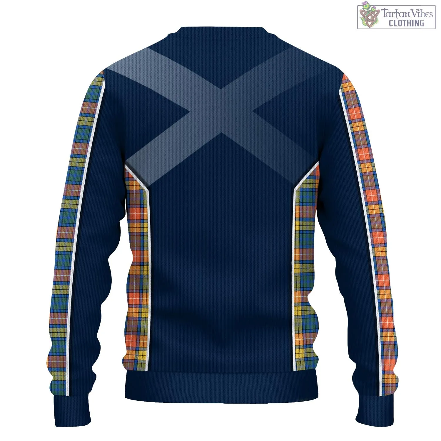 Buchanan Ancient Tartan Knitted Sweatshirt with Family Crest and Scottish Thistle Vibes Sport Style