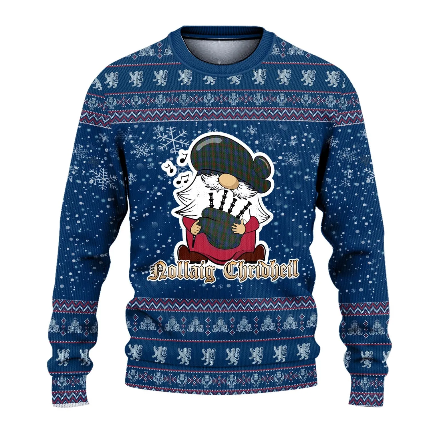 Buchanan Hunting Clan Christmas Family Ugly Sweater with Funny Gnome Playing Bagpipes