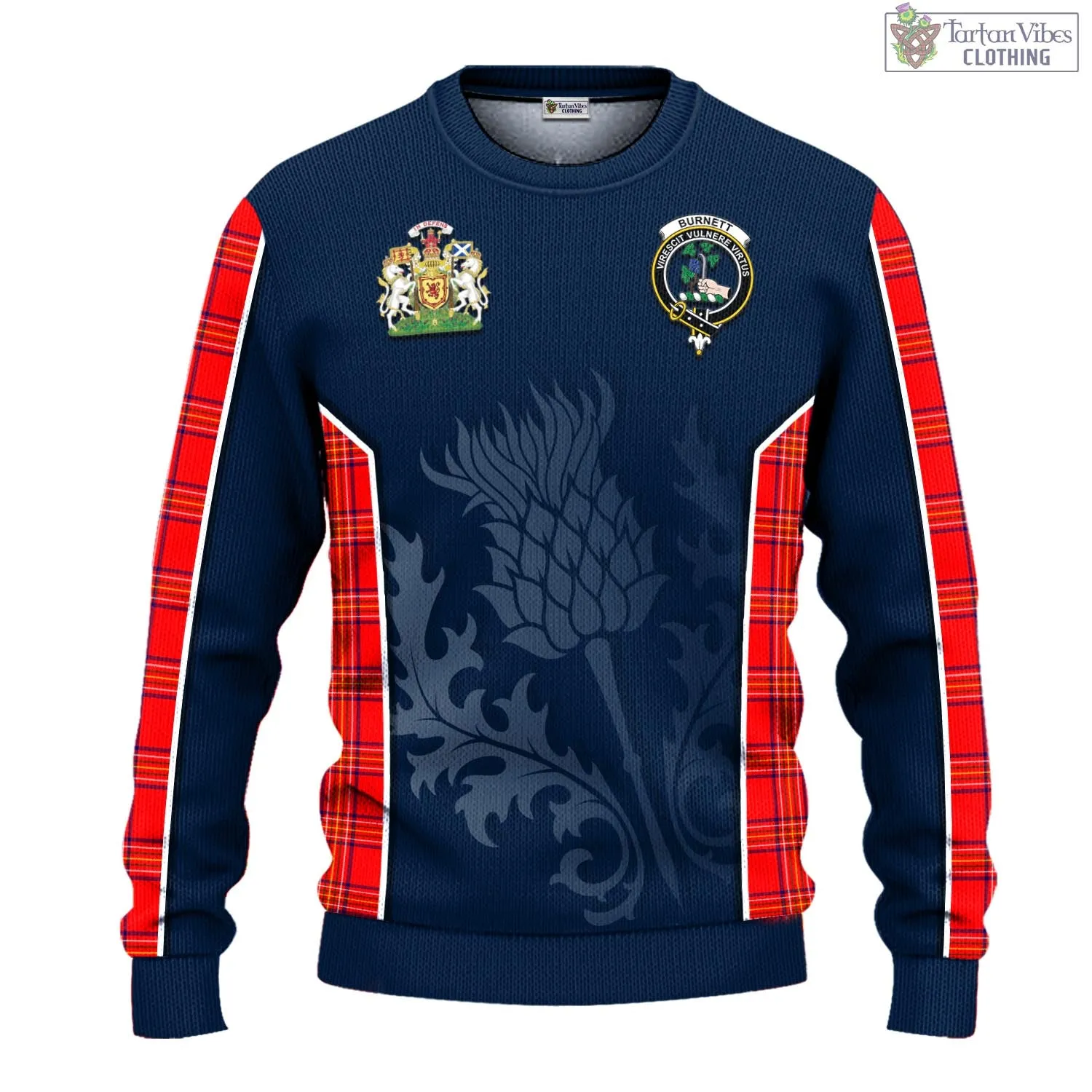 Burnett Modern Tartan Knitted Sweatshirt with Family Crest and Scottish Thistle Vibes Sport Style