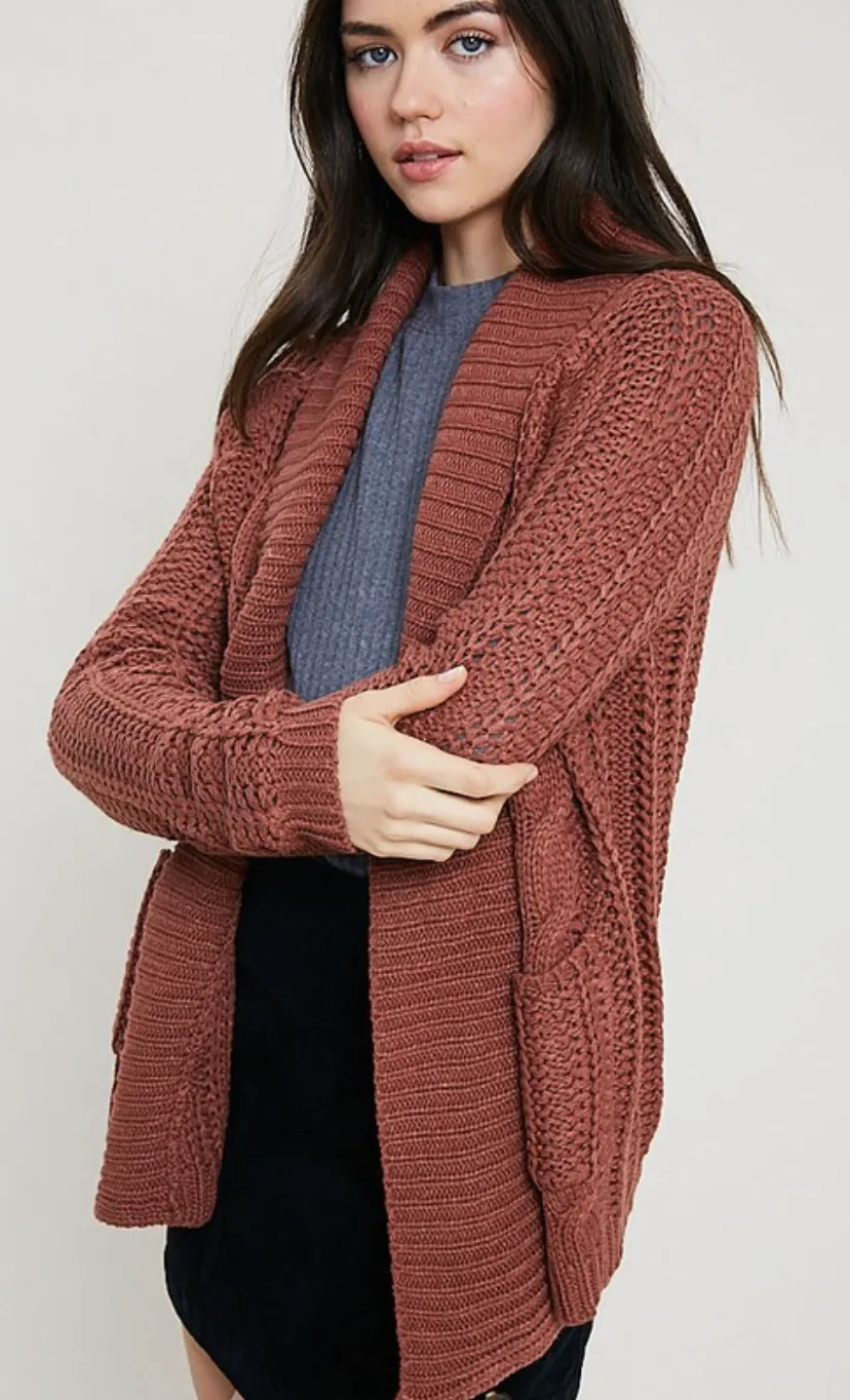 Cable Knit Cardigan in Brick