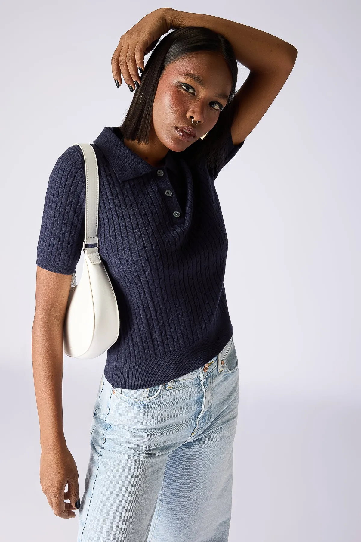 Cable-Knit Polo Top - Navy Blue