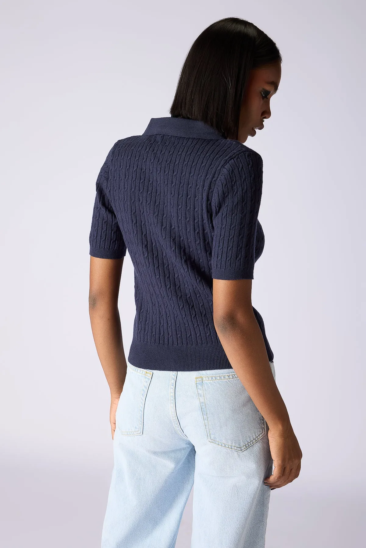 Cable-Knit Polo Top - Navy Blue