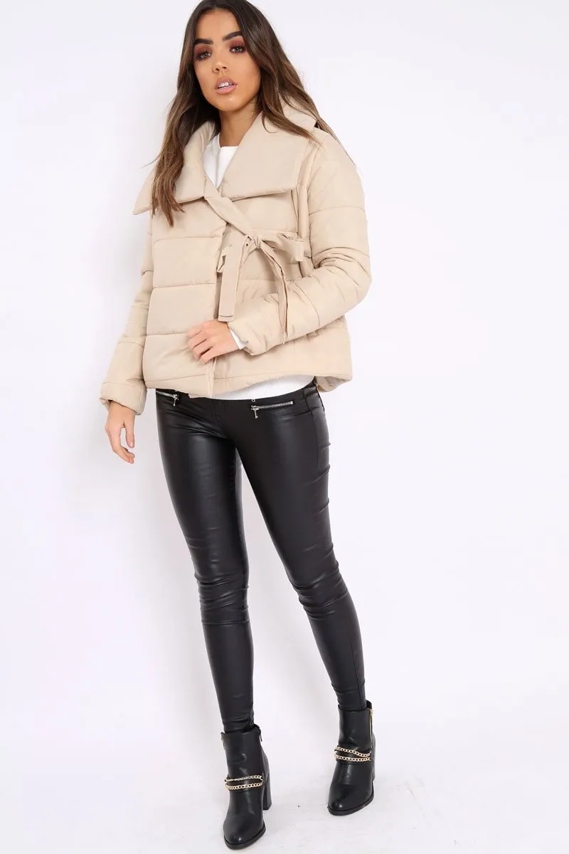 Camel Puffer Jacket with Tie Front - Lolamae