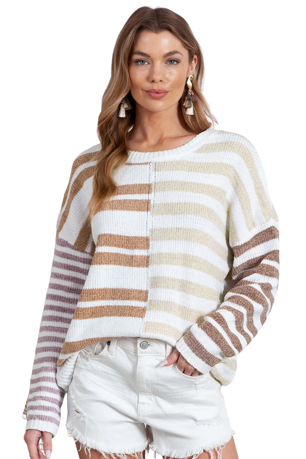 Color Block Drop Shoulder Pullover Striped Sweater