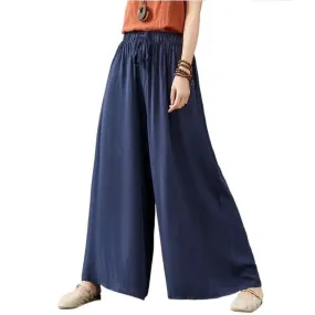 Cool Thin Wide Leg Pants - Casual Mid-Age Women's Drawstring Solid Blended Cotton Linen Pants by Asyabuykal