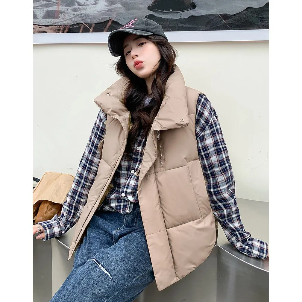 Cotton Stand-Up Collar Cropped Puffer Jacket Vest