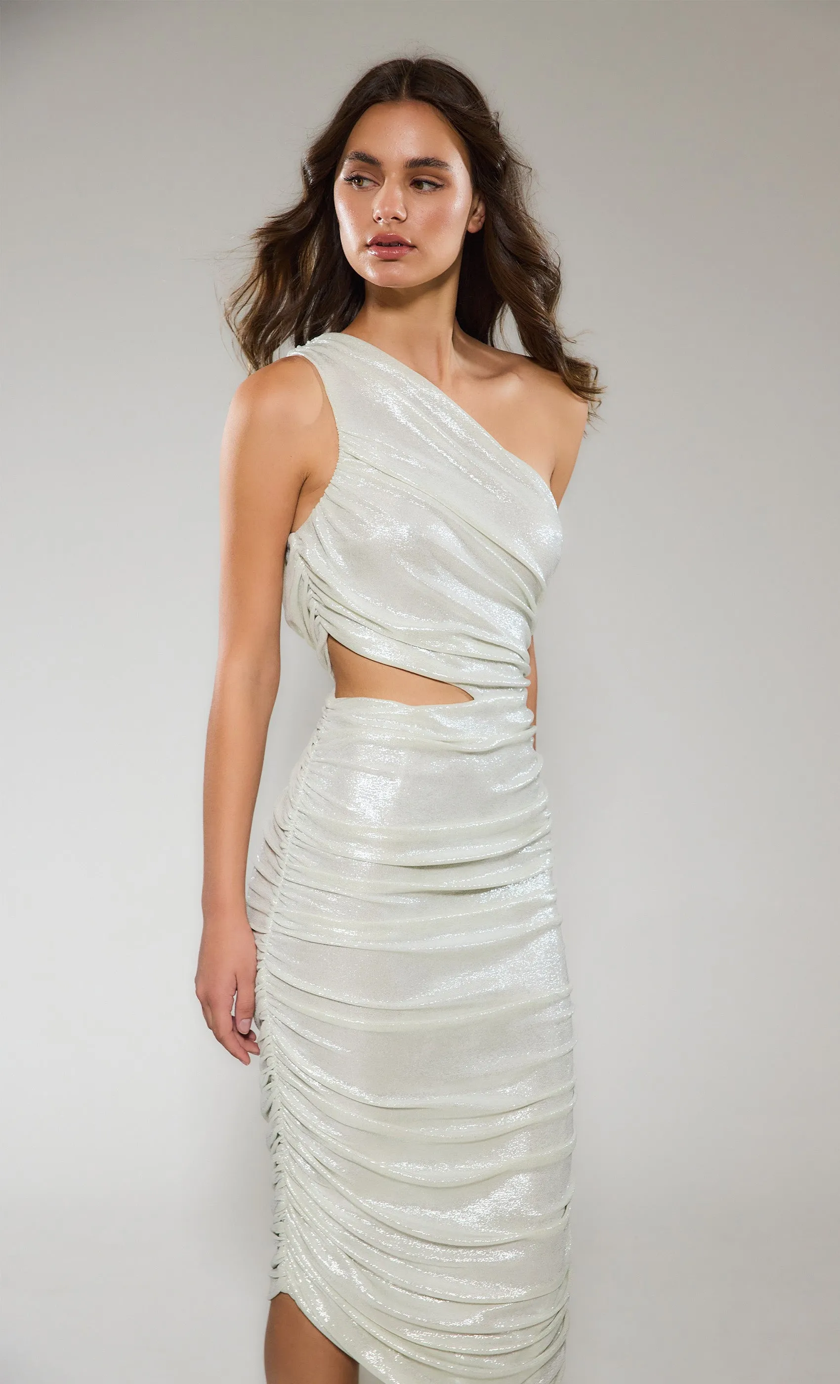 Cream Metallic One Shoulder Midi Dress