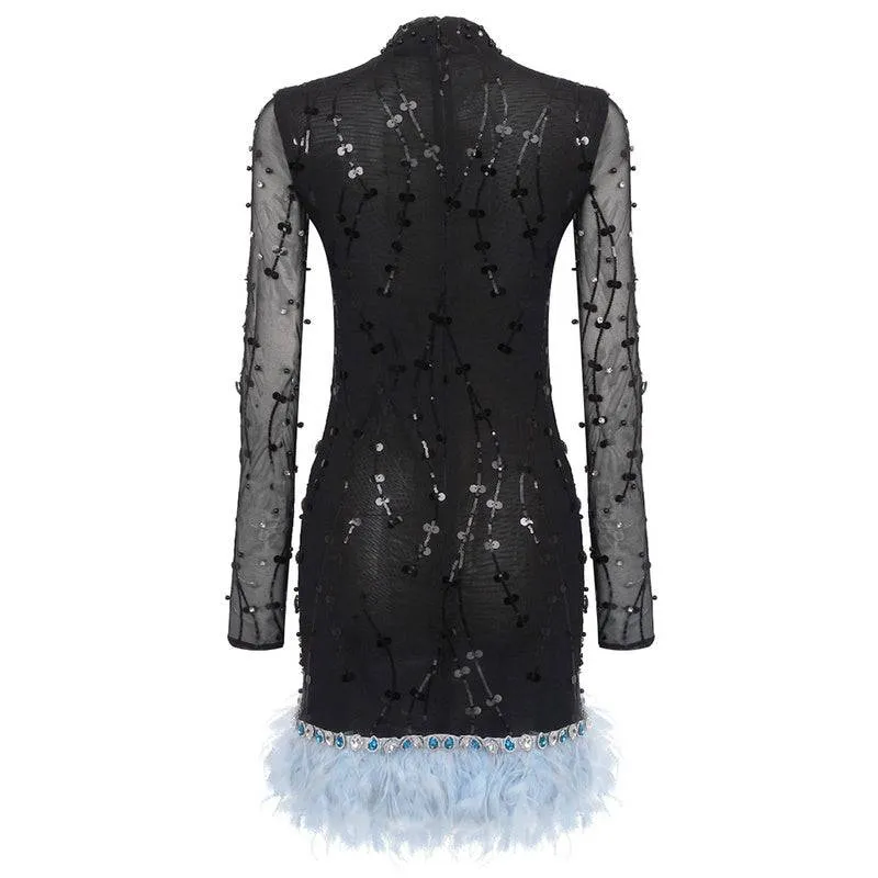 Crissa Long Sleeve Embellished Feather Mini Dress