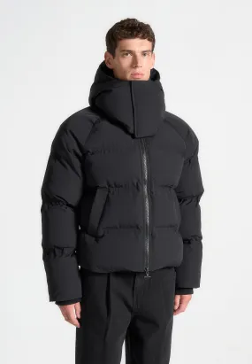 Cropped Raglan Wrap Neck Puffer Jacket - Black