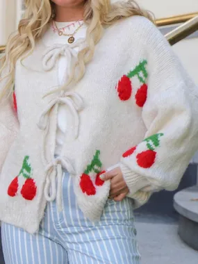 Cute Bow Tied Cherry Round Neck Long Sleeve Cardigan New Women's Fashion Red and White