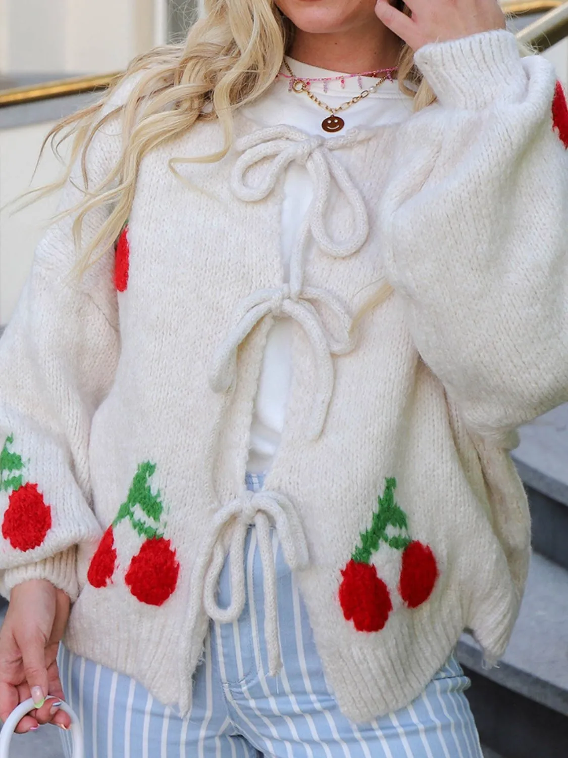 Cute Bow Tied Cherry Round Neck Long Sleeve Cardigan New Women's Fashion Red and White