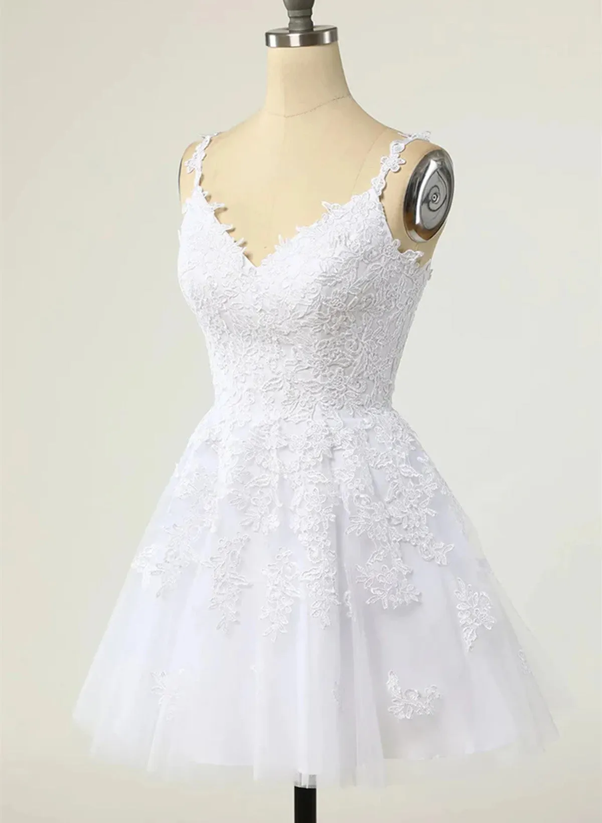 Cute V-neckline White Tulle with Lace Graduation Dress, White Short Party Dress