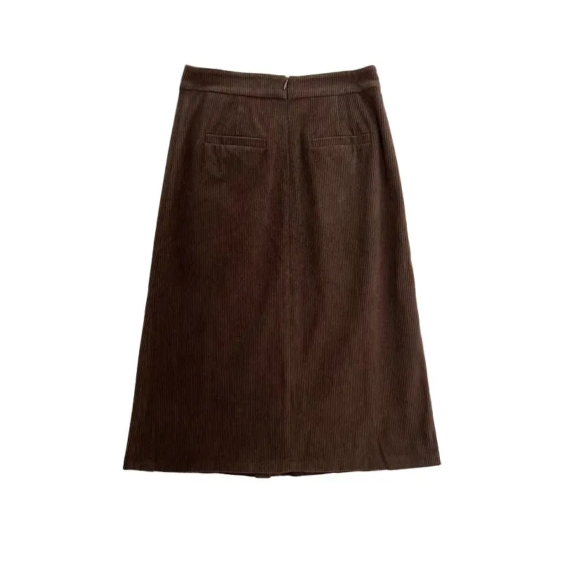 Dark Brown Midi Skirts With Buttons