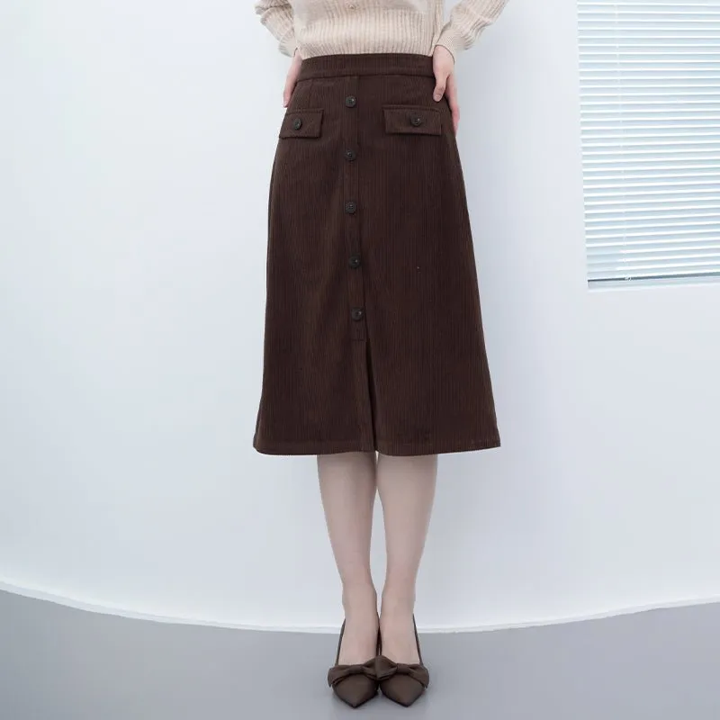 Dark Brown Midi Skirts With Buttons