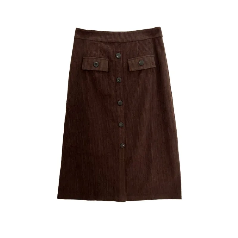 Dark Brown Midi Skirts With Buttons