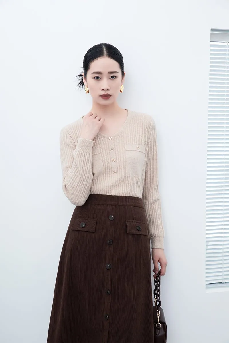 Dark Brown Midi Skirts With Buttons