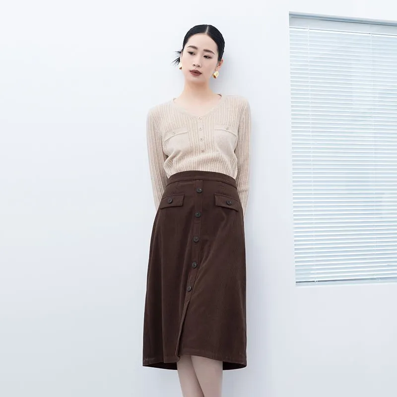 Dark Brown Midi Skirts With Buttons