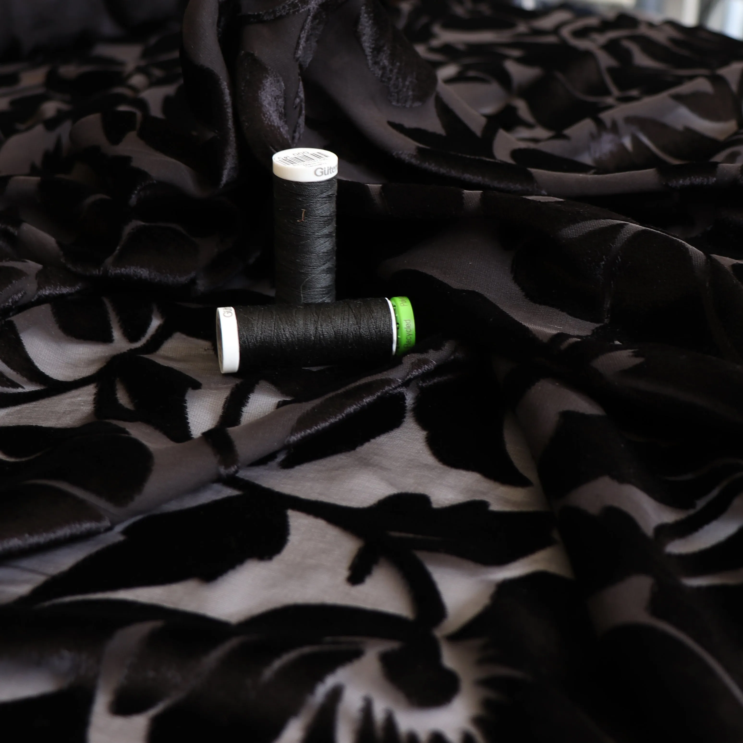 Deadstock Burnout Silk Velvet - Black Flowers - SALE