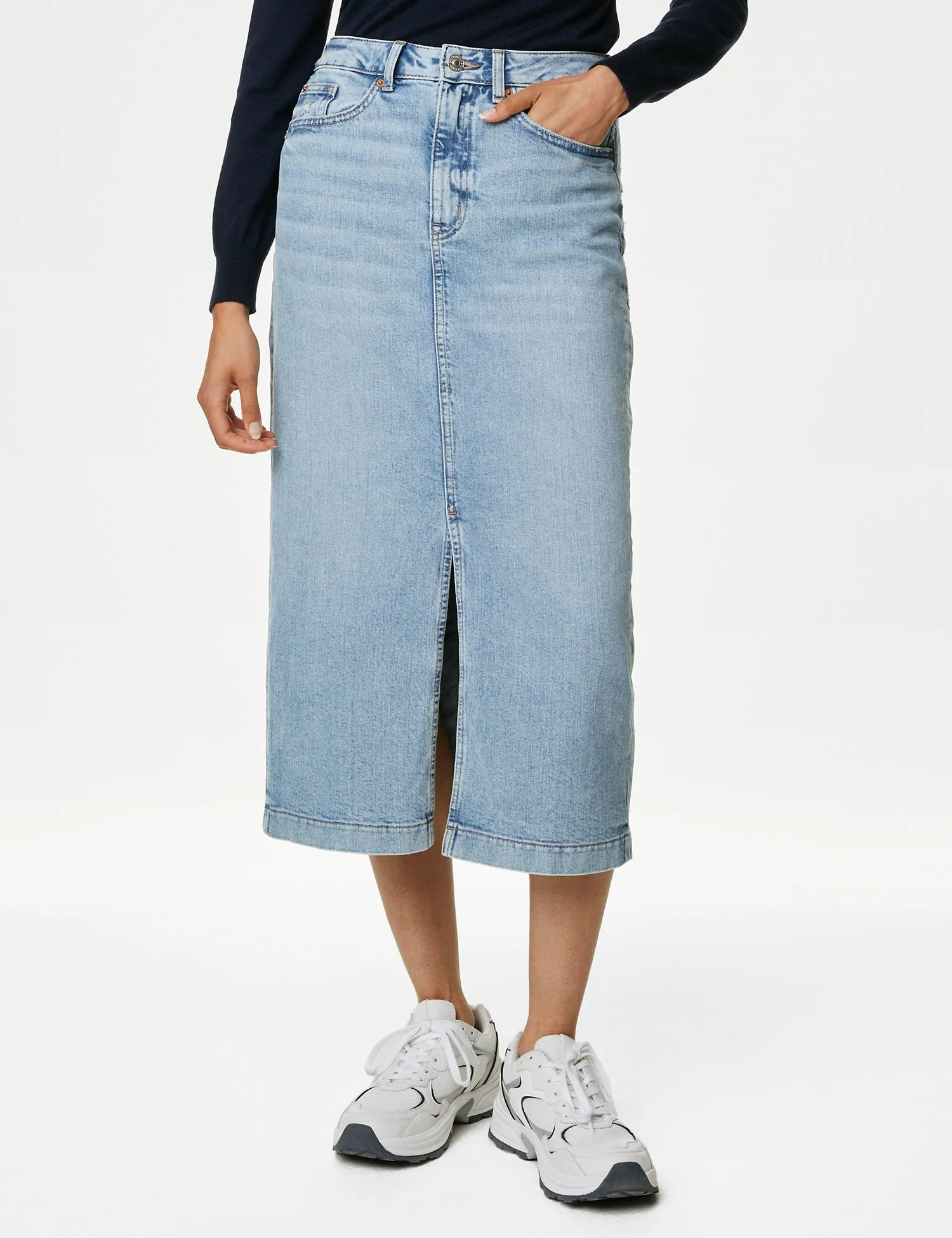 Denim Split Front Midi Skirt