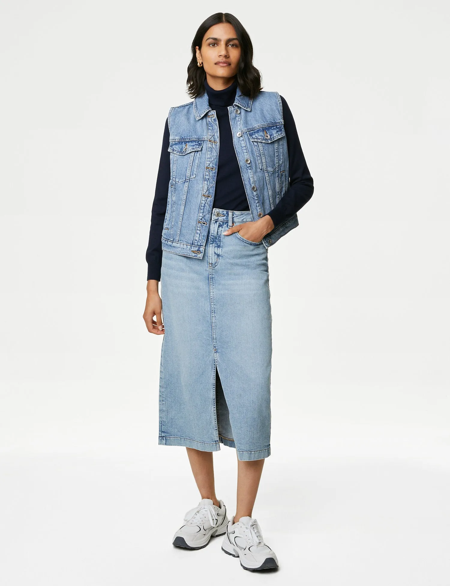 Denim Split Front Midi Skirt