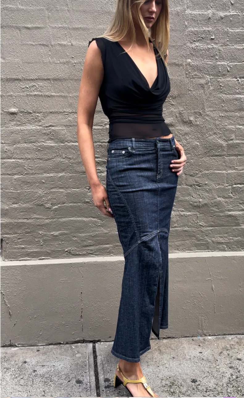 Denim Swish Maxi Skirt. Raw Denim