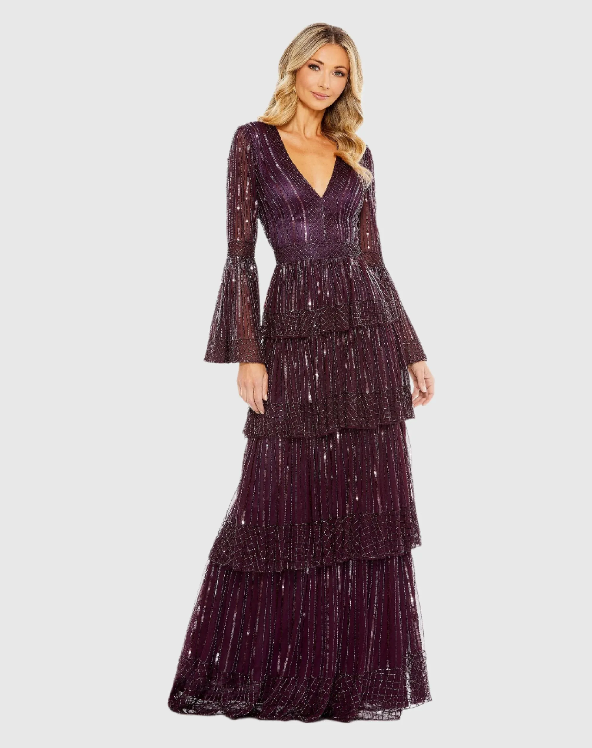 Embellished Bell Sleeve Tiered Gown