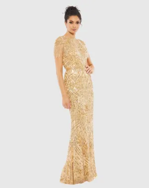 Embellished Fringe Cap Sleeve Trumpet Gown