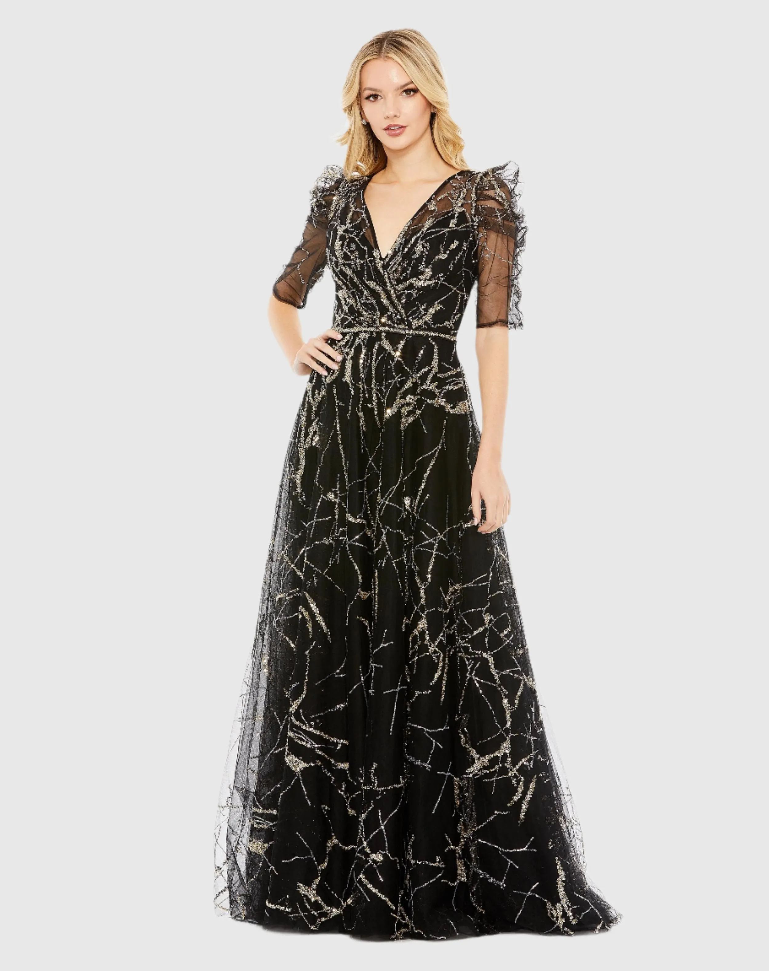 Embellished Gathered Puff Sleeve Faux Wrap Gown