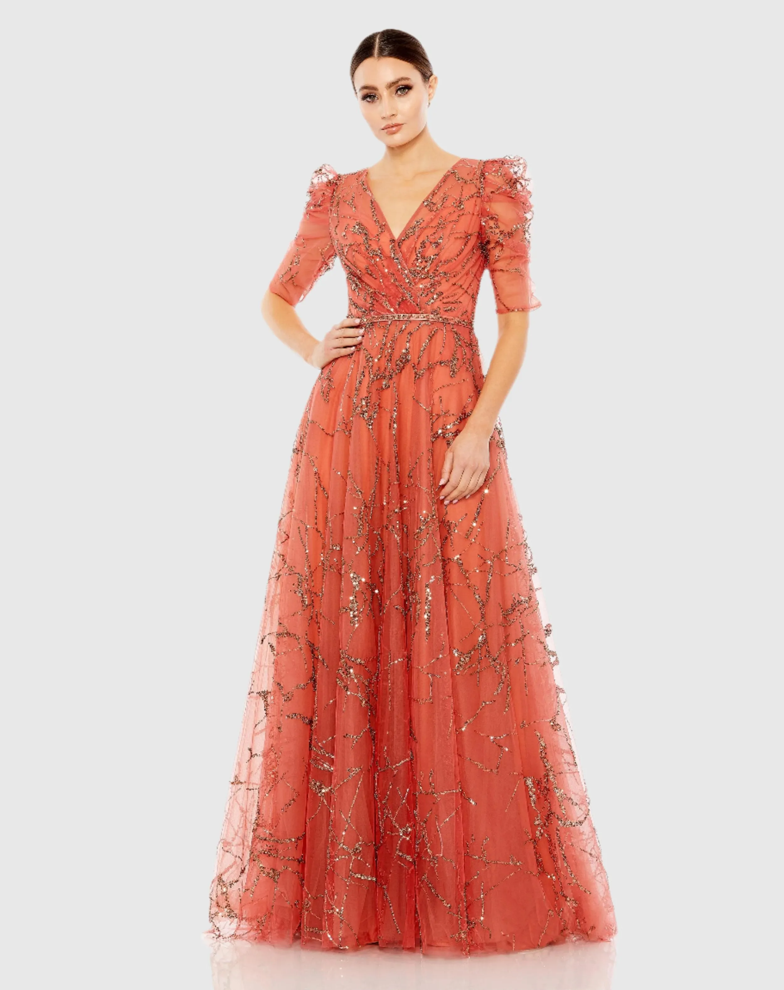 Embellished Gathered Puff Sleeve Faux Wrap Gown