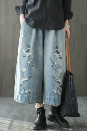 Embroider Birds Cowboy Jeans Wide-legged Pants Women Clothes K7102