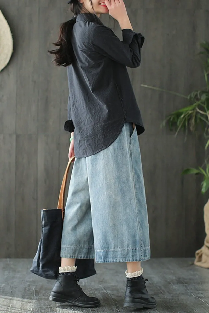 Embroider Birds Cowboy Jeans Wide-legged Pants Women Clothes K7102