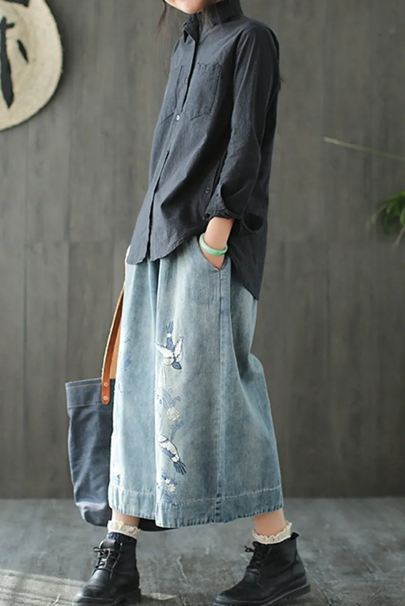 Embroider Birds Cowboy Jeans Wide-legged Pants Women Clothes K7102