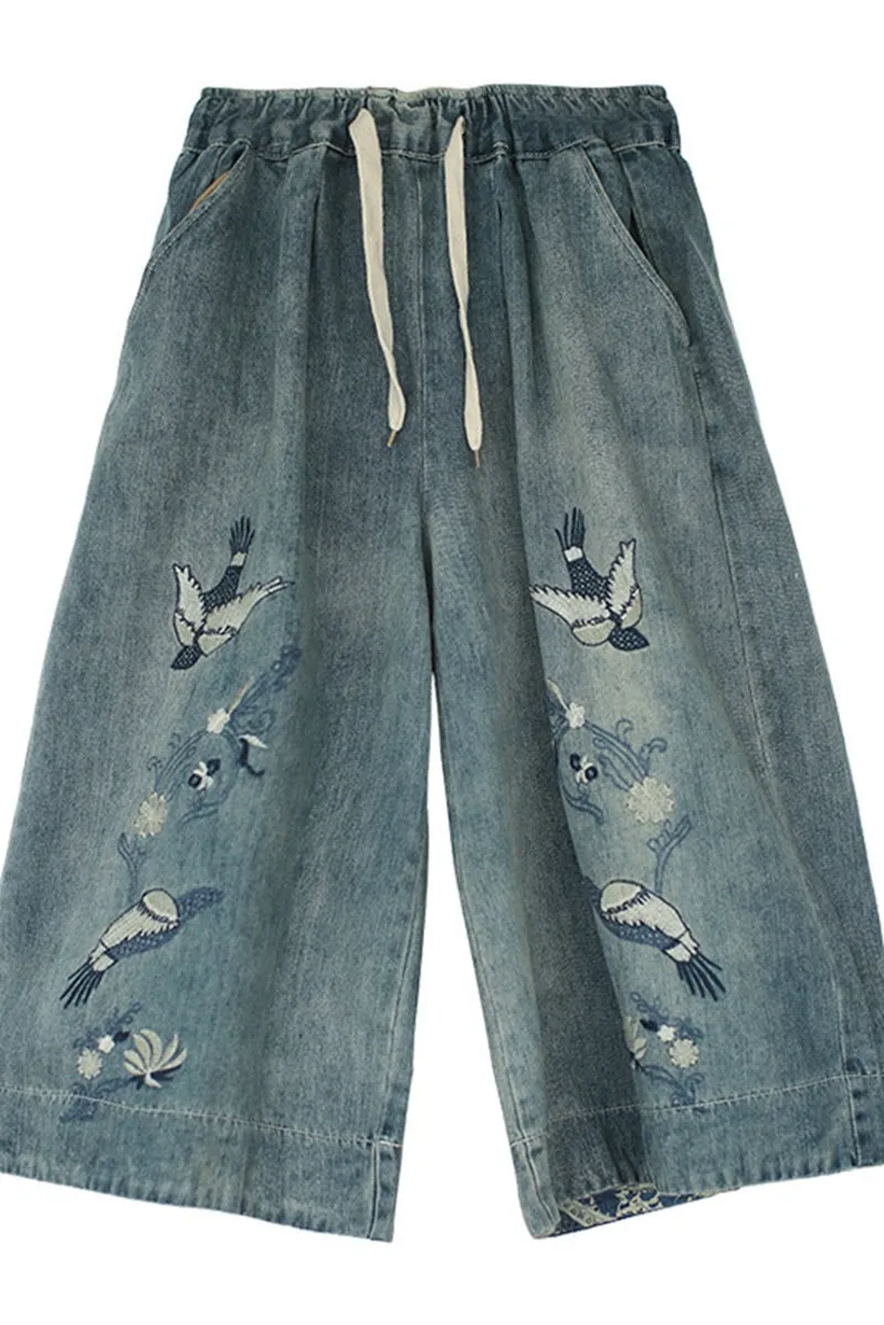 Embroider Birds Cowboy Jeans Wide-legged Pants Women Clothes K7102