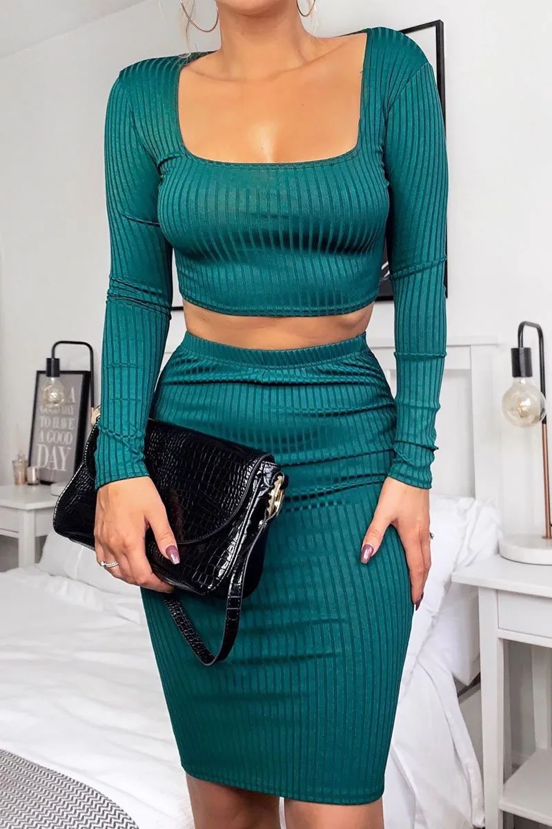 Emerald Ribbed Square Neck Top and Midi Skirt Co-ord - Tiera