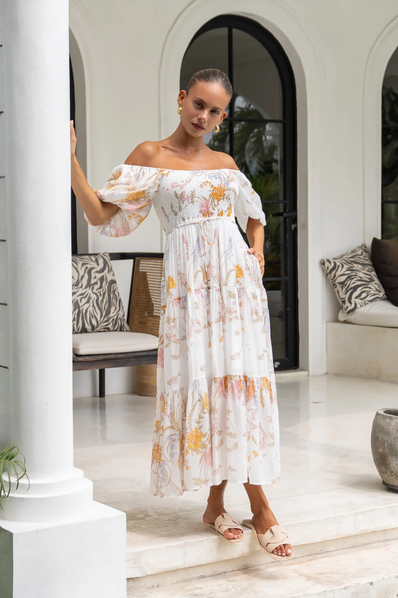 Emmeline Yellow Floral Puff Sleeve Midi Dress