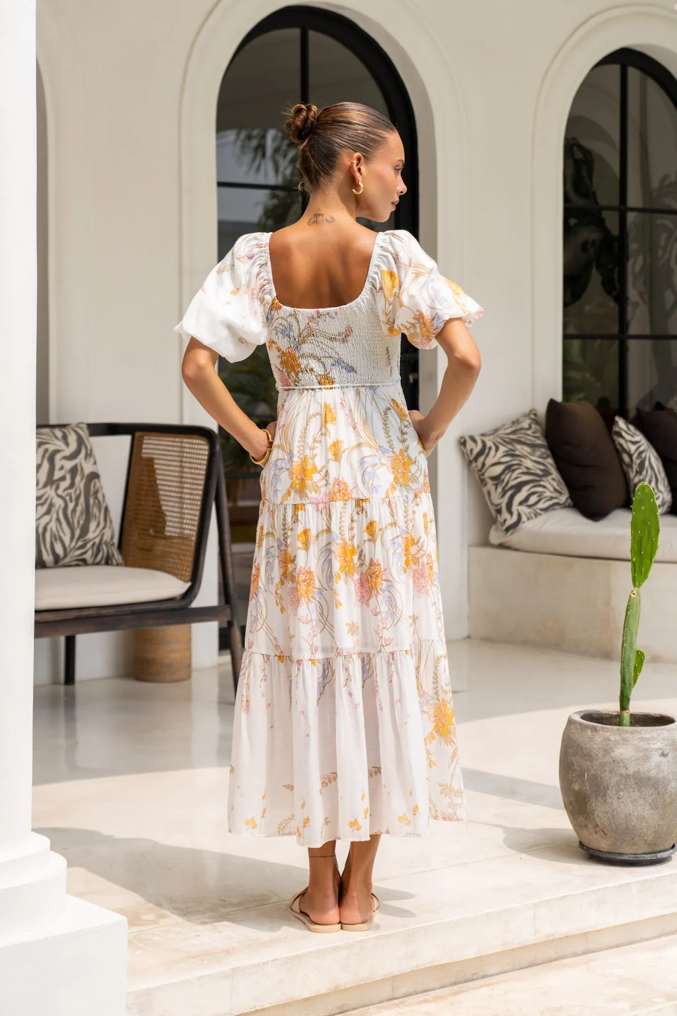 Emmeline Yellow Floral Puff Sleeve Midi Dress