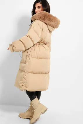 FAUX FUR HOOD DRAWSTRING OVERSIZED CAMEL LONG PARKA COAT