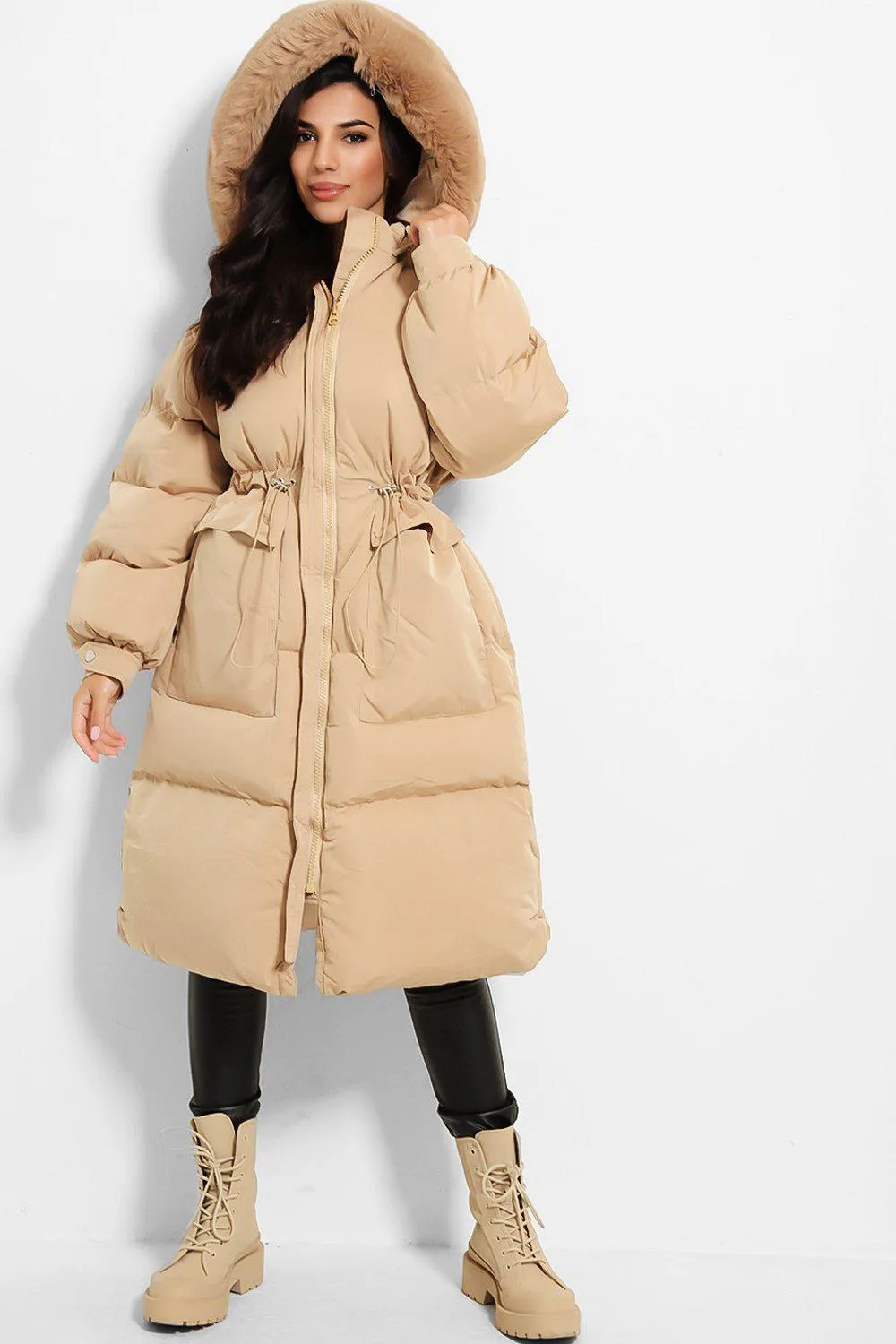 FAUX FUR HOOD DRAWSTRING OVERSIZED CAMEL LONG PARKA COAT