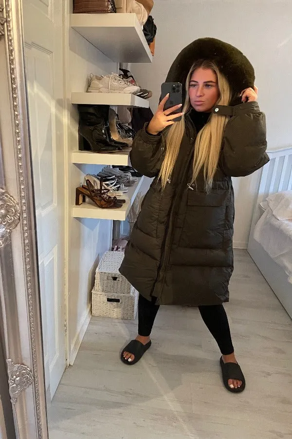 FAUX FUR HOOD DRAWSTRING OVERSIZED KHAKI LONG PARKA COAT