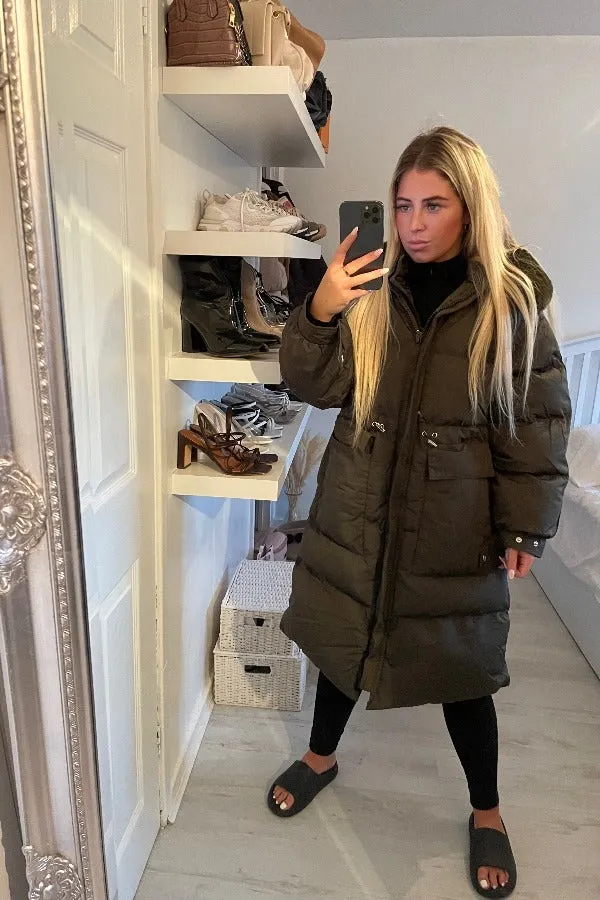 FAUX FUR HOOD DRAWSTRING OVERSIZED KHAKI LONG PARKA COAT