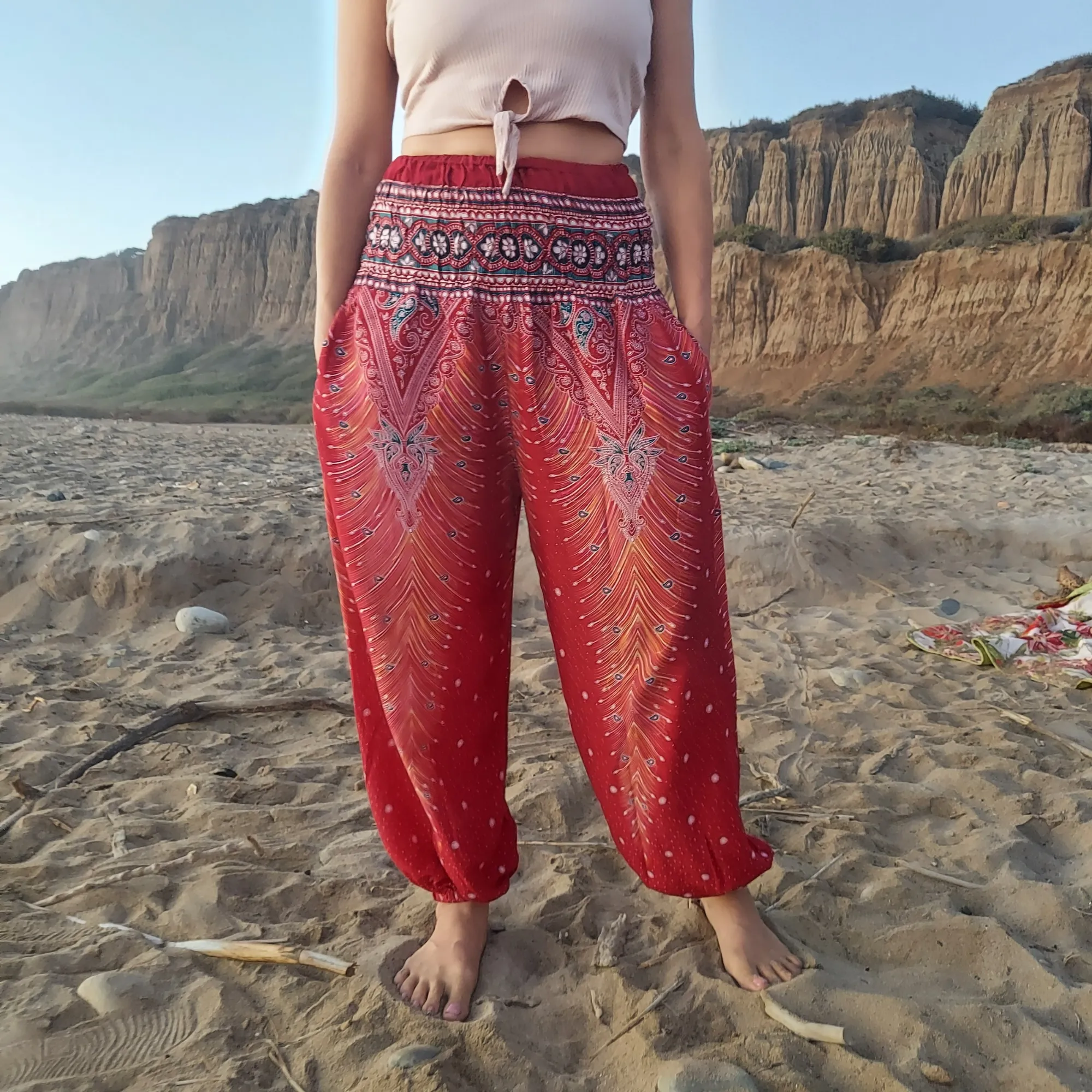 Feather Design Straight Leg Harem Pants in Red