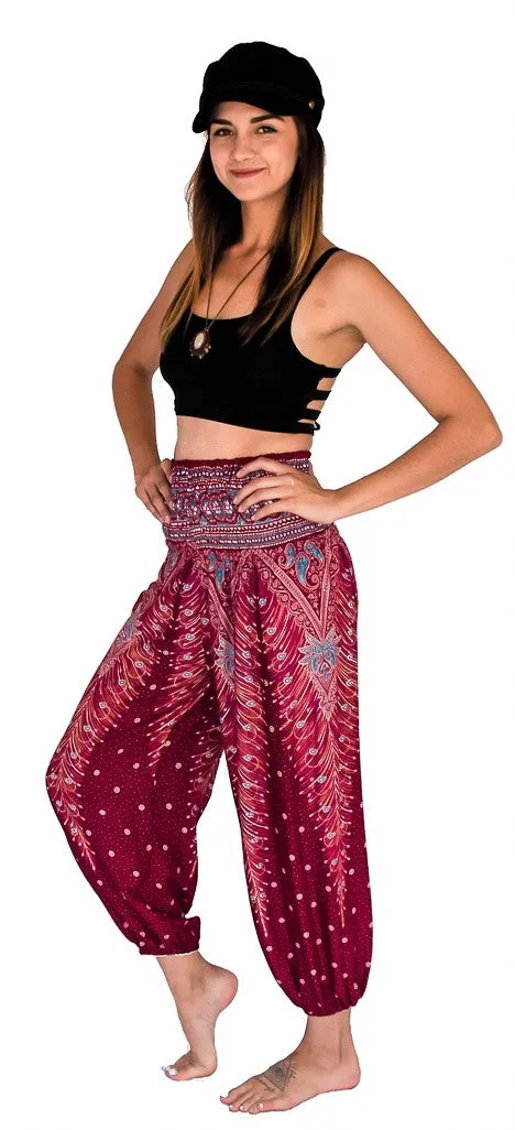 Feather Design Straight Leg Harem Pants in Red