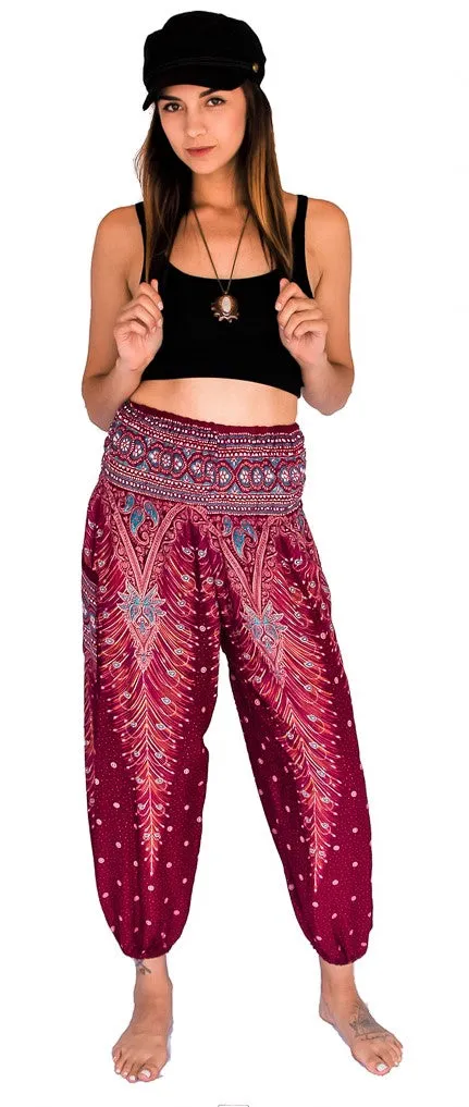 Feather Design Straight Leg Harem Pants in Red